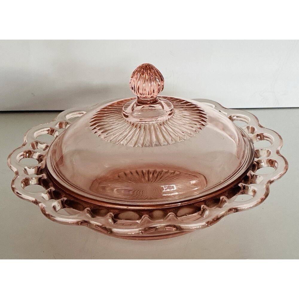 Vtg Old Colony Pink Open Lace Glass covered dish 1930 Anchor Hocking